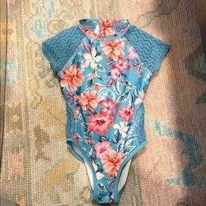 Floral Blue Short Sleeve Swimsuit